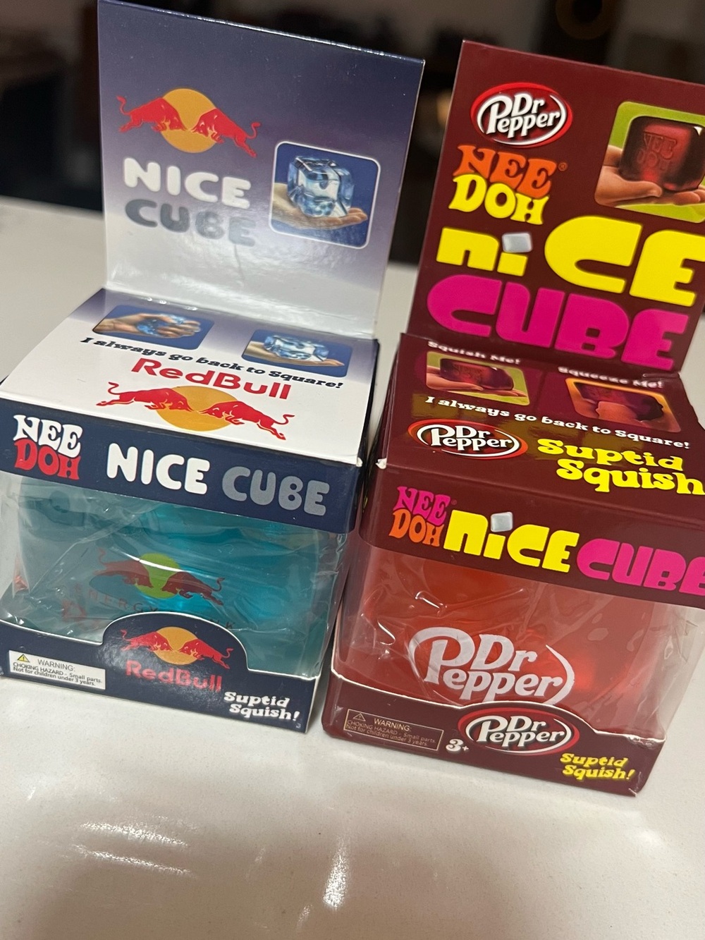 Nice Cube Squish Toy- Blue Red Bull Squishy Cube and Red Dr. Pepper Squishy Cube